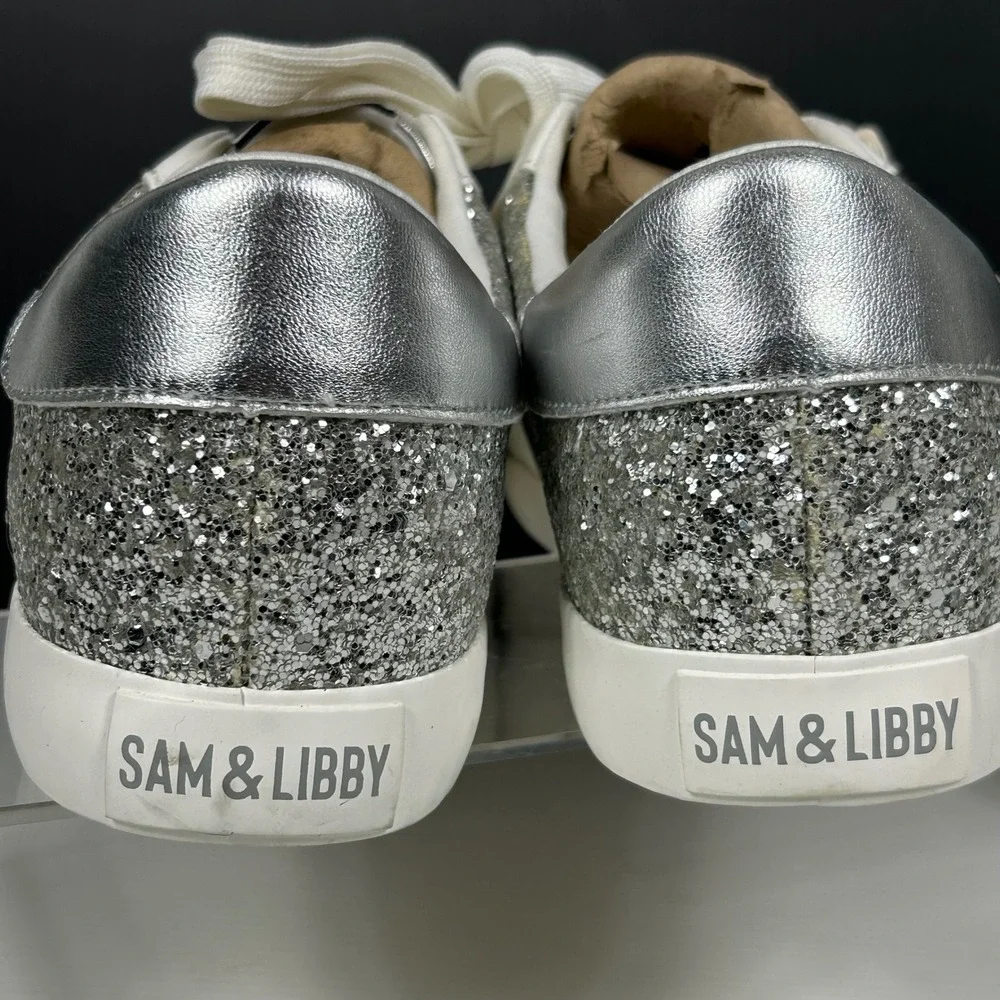 Sam &‎ Libby Size 8.5 Alina Sneakers Silver Glitter White Low Top NEW $49